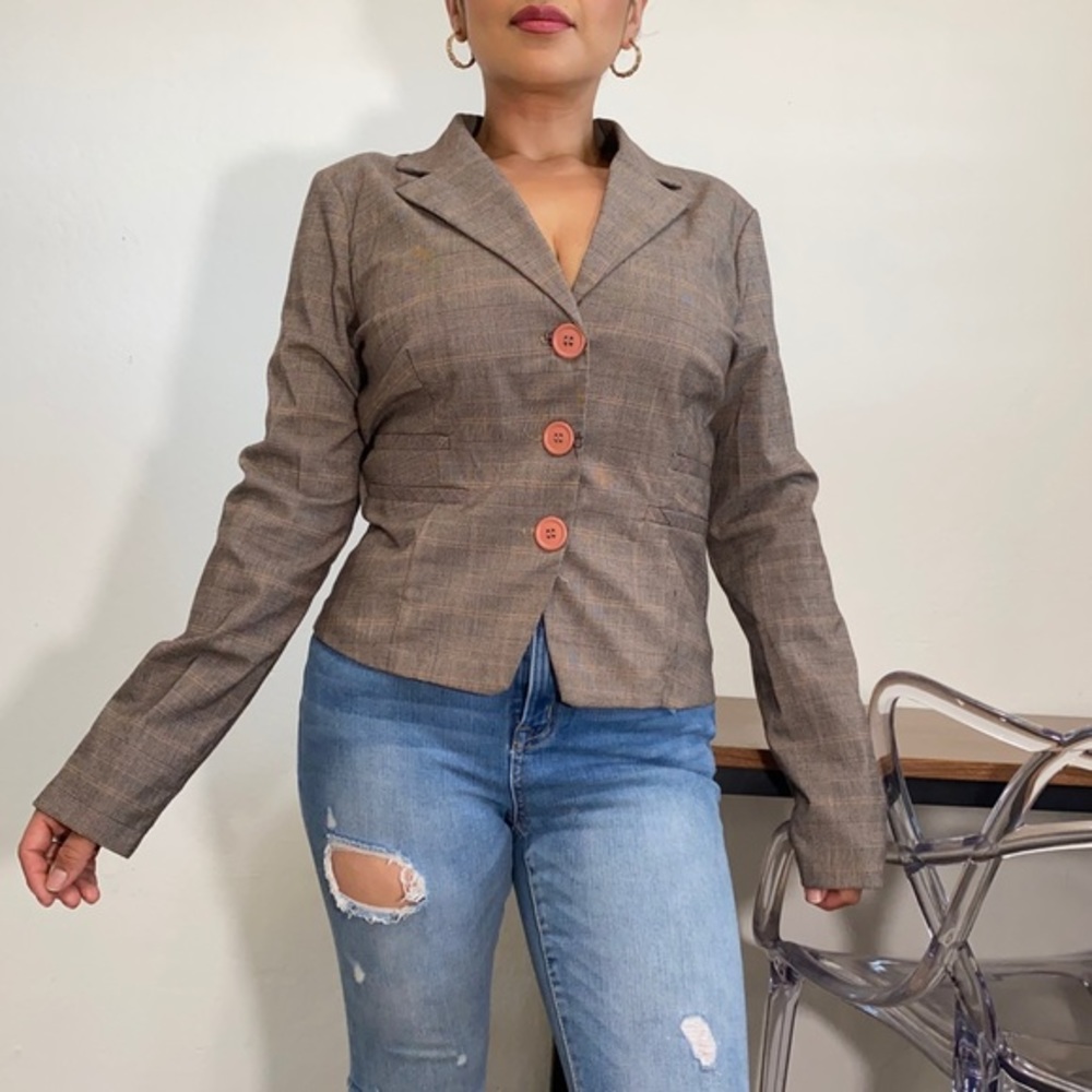 Charlotte Russe Women’s S Brown Vintage Plaid Button V Neck Blazer Jacket